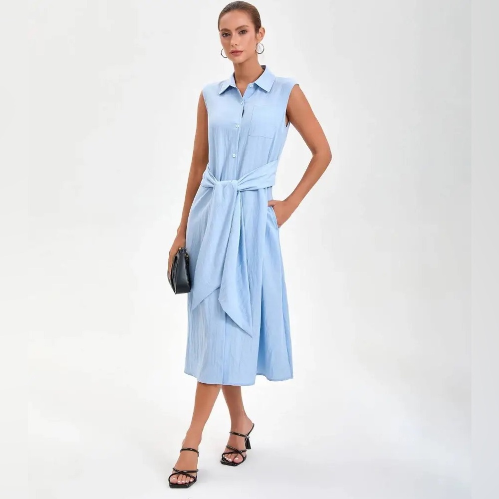 a new day Sleeveless Light Blue Shirt Dress with Waist Tie